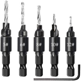 Bephee 5Pcs Quick Change HSS Wood Countersink Drill Set 1/4"Hex Shank Screws #5,6,8,10,12