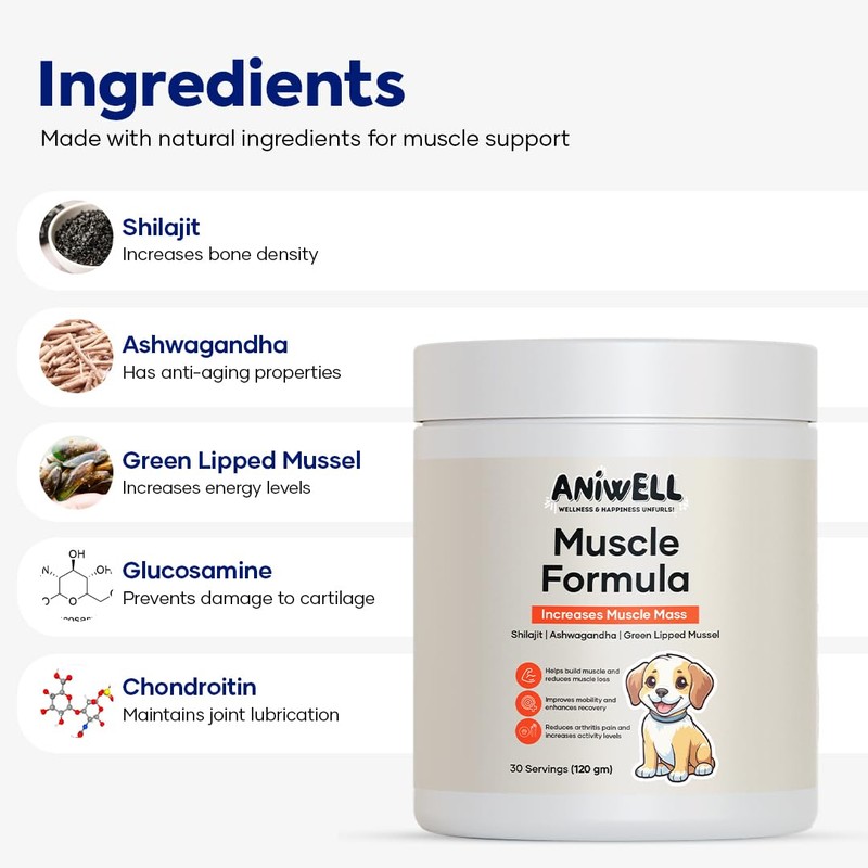 Aniwell Muscle & Vitality Formula for Dogs with Ashwagandha, Shilajit,