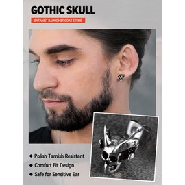 Goat Horn Stud Earrings for Male Stainless Steel Satan Baphomet Goat Skull Head Ear Studs Gothic Satanist Church Jewelry