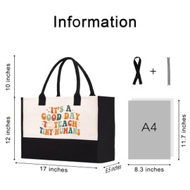Kimoli Teacher Appreciation Gifts, Black and White Canvas Tote Bag, Reusable Grocery Shoulder Bags, Aesthetic Totes with Zipper and Straps, Beach Travel Weekender Gym Shopping Handbag for Outdoor-27C