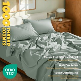 Shilucheng 100% Egyptian Cotton King Size Sheets Set - 1000 Thread Count，Luxury Cotton Bed Sheets，Breathable & Cooling Bedding and Pillow Cases, 16 Inch Deep Pocket - 4 Piece (Sea Glass, King)