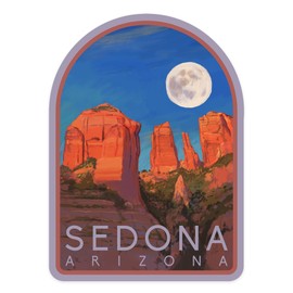 Die Cut Sticker Sedona, Arizona, Cathedral Rock and Moon, Oil Painting, Contour Vinyl Sticker 3 to 6 inches, (Waterproof Decal for Cars, Water Bottles, Laptops, Coolers), Large
