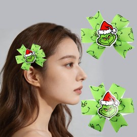 2Pcs Christmas Hair Clips Green Bow Hair Clip for Women, Xmas Hairpin Green Monster Hair Accessories for Christmas Party Decorations Costume Accessories,Stocking Stuffers
