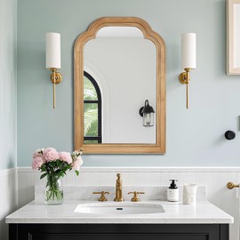 Wood Bathroom Mirror for Wall, 24 x 16 Inch Decorative Wall Mirror with Rustic Wooden Frame for Living Room, Vanity, Bedroom, Entryway, Farmhouse