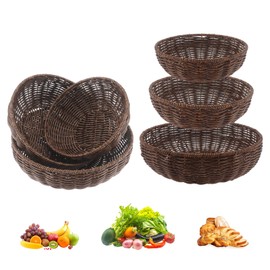 6-Pack Small Round Handwoven Wicker Baskets – Multi-Purpose Rattan Fruit & Bread Serving Baskets, Storage & Organizer Bowls for Kitchen, Home, Restaurant – Brown