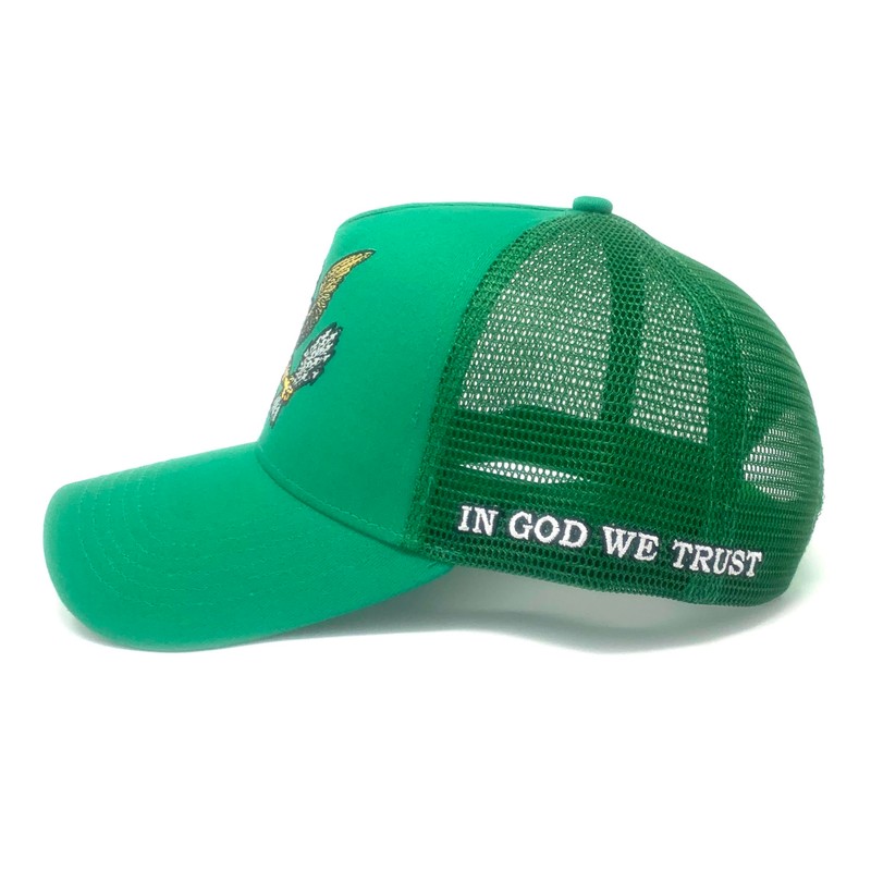 JP's Iconic USA Eagle Embroidered Trucker Hat; Adjustable Snapback; Green