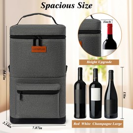 LUCKIPLUS 2 Bottle Wine Bag Carrier Tote, Portable Wine Cooler Bag with Padded Shoulder Strap, Versatile Liquor Case for Picnic Travel Birthday Party Coolest Gift for Women Men Wine Lovers Grey