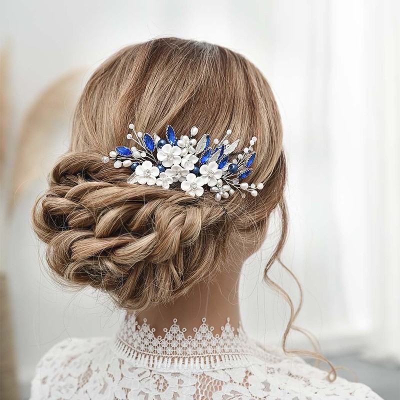 Unicra Bridal Wedding Hair Comb Flower Hair Accessories Blue Crystal