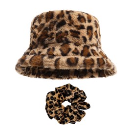 CVDYWDJIE 1 Plush Hat with Leopard Print and 1 Leopard Print Hair Scrunchie, Cute Fishing Hat, Warm Winter Hat, Classic Versatile Hat, Winter Hat for Women