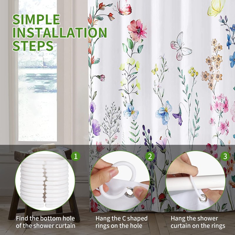 REZAYMRS Floral Shower Curtain with 12 Hooks, 72''x72'' Waterproof Polyester