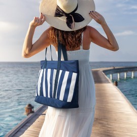 G4Free Foldable Beach Bag Large Tote Bag with Storage Zipper Insert Bag Waterproof Sandproof(Navy Stripe)