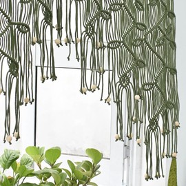 M MANUAL Macrame Valance Curtain for Kichen Windows 33.46x37.4Inch Farmhouse Boho Leaves Curtains for Bedroom Window Valance Green Leaf Tassels Macramé Wall Curtain Wooden Bead Macrame Wall Hanging