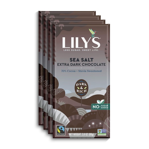 Sea Salt Dark Chocolate Bar by Lily's | Stevia Sweetened, No Added Sugar, Low-Carb, Keto Friendly | 70% Cocoa | Fair Trade, Gluten-Free & Non-GMO | 3 ounce, 4-Pack
