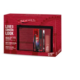 Rimmel London Cofanetto Regalo Live Your London Look, Pochette con Mascara Thrill Seeker, Matita Occhi Scandal'Eyes Kohl Black Waterproof e Rossetto Liquido Thrill Seeker Lip Latex