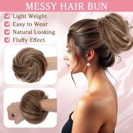 Benehair Hair Buns Real Remy Human Scrunchy Updo Hair Piece Elastic Messy Bun Donut Accessories Scrunchies Updo Ponytail Extensions #4/613 Medium Brown Mix Bleach Blonde 25g