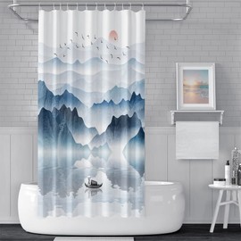 SDOTPMT 48x72 Inch Mountain Landscape Shower Curtain Lake Wooden Boat Red Sun Wild Goose Nature Scenery Foggy Modern Oil Painting Bath Curtain Fabric Polyester Bathroom Curtain with Hooks