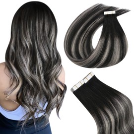 Easyouth Tape in Hair Extensions Ombre Human Hair Extensions Tape ins Black to Silver Grey Mixed Natural Black Glue in Hair Extensions Human Hair Tape ins Extensions 14Inch 40g 20pcs