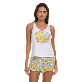 COCO BRANDS Womens Pajama Sets - 2 Piece Looney Tunes Tweety Henley Tank Top and Short Pajama Set for Women (Sizes: S-XL), Yellow / Tweety Floral Stay Chill, Large