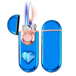 Torch Lighter, Dual Flame Lighter with 6pcs Flint Stone, Windproof Lighter with Visible Gas Window, Cool Adjustable Soft Flame and Jet Flame 2 in1,Refillable Butane Lighter for Outdoor Indoor-Blue