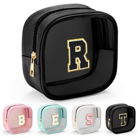 YOOLIFE Initial Makeup Bag Travel Toiletry Bag, Clear Makeup Bag Car Accessories For Women Clear Makeup Bags With Zipper Girlfriend Teacher 13 Year Old Girl Gifts Daughter Girl Gifts Mini Black R