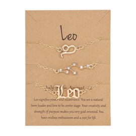 COLORFUL BLING 3 Pcs 12 Constellation Horoscope Bracelet Set 18K Gold Plated Crystal Zodiac Sign Layered Bracelets with Exquisite Letter Astrology Horoscope Card for Women Birthday Jewelry-Leo