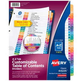 Avery A-Z Separadores de pestañas para 3 carpetas de anillos, tabla de contenido personalizable, pestañas multicolor, 3 juegos (44225)