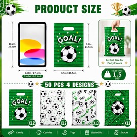 50 Pcs Soccer Party Favor Bags, 4 Designs Soccer Goodie Bags with Handles for Kids Birthday Party, Snack Treat Gift Bags for Team Sports Events, Candy & Soccer Theme Supplies