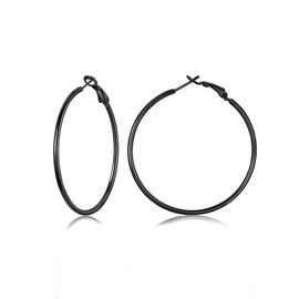 FOCALOOK Black Hoop Earrings 50mm Stainless Steel Hypoallergenic Thin Lightweight Big Round Hoop Earrings for Women