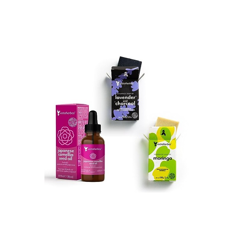 Extraherbos Kit Antiacné 3-en-1 - Aceite de Camelia, Jabón de