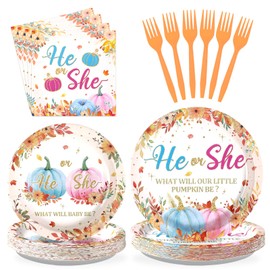 Grencian 96Pcs Autumn Gender Reveal Party Supplies Orange He or She Plates and Napkins Tableware Sets Disposable Pink and Blue Pumpkin Decorations for Birthday Baby Shower Newborn Pregnancy Serve 24