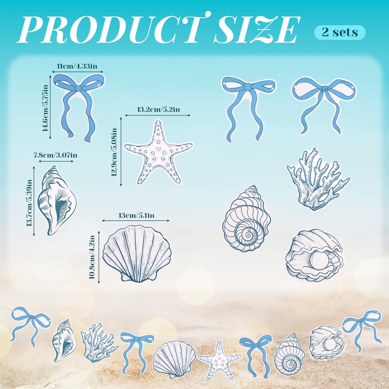 ZEYIYER 13Ft Blue Bow Starfish and Seashell Banner, Summer Coastal