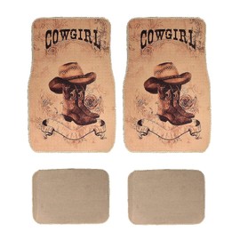Universal Fit Car SUV Truck Front/Rear 4-Piece Full Set Sublimation Print Design Carpet Floor Mats - Pack of 4 (Cow Girl-Beige)