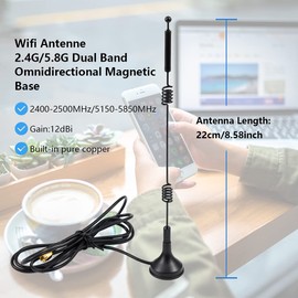 Vecys WiFi Antenna 2.4 G/5G/5.8G Dual Frequency 12 dBi MIMO Omnidirectional Magnetic Base RP-SMA Adapter 1.5 m 4.9 Feet for PCIE Network WLAN Map Router External Antenna Wireless
