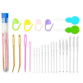 Hekisn 25Pcs Large Eye Blunt Yarn Needles kit, Assorted Sizes Bent Tapestry Darning Needle, Sewing Needles with Needle Threaders & Stitch Markers for Knitting Crochet (Blue)