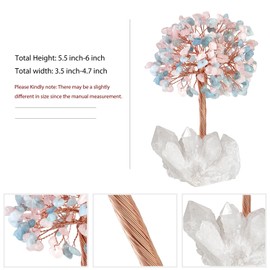 Nupuyai Rose Quartz & Aquamarine Crystal Tree of Life Gemstone Feng Shui Tree with Rock Crystal Druze Rough Stone Base Lucky Tree Money Tree Gift Wedding Feng Shui Decoration