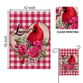 Covido Valentine's Day Loved Decorative Garden Flag, Cardinal Red Bird Pink Plaid Check Rose Anniversary Yard Outside Decorations, Wedding Engagement Outdoor Small Home Decor Double Sided 12 x 18