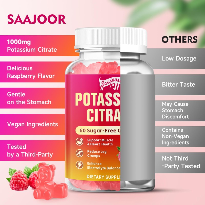 2 Pack Potassium Citrate Gummies 1000mg, Potassium Supplement for Adults