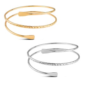 2pcs Upper Arm Cuff Bracelet for Girls Women, Adjustable Gold & Silver Arm Cuff, Minimalist Snake Arm Bracelet, Stylish Gold Arm Cuff Bangle, Open Cuff Bracelet for Women, Upper Arm Jewellery