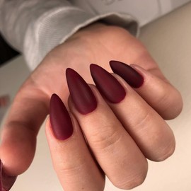 More Burgundy Press on Nails Medium Stiletto Almond,KQueenest Matte Pure Color Acrylic Nails Kit Reusable Fake Nails with Feature Protective UV Coating for Women Nail Art Manicure in 24PCS