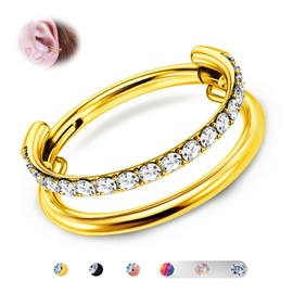 BodyBonita G23 Titanium Cartilage Earring Stacked Clicker 16G CZ Double/Triple Septum Piercing Conch Shmuck Tragus Daith Helix Earrings Nose Ring Hoop Earrings for Women Men Silver/Gold 8/10/12 mm,