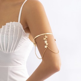 Aimimier Boho Vintage Arm Cuff with Layered Chain Wide Upper Arm Band Link Star Tassels Open Bracelet Wedding Beach Armlet Accessories for Women, 6in, Alloy, no gemstone