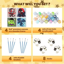 4 Pack Paint by Numbers Kit for Kids with Frame- Cartoon Paint by Numbers with Frame,Cartoon Painting Kits for Kids Ages 4-8 for Present Decor 8x8 Inch