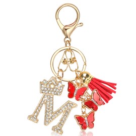MWOOT Key Chain Letter, Alphabet Initial Letter Keyring for Women, Cute Crystal Key Ring with Butterfly Pendant for Handbag Backpack Pendant, Red-m