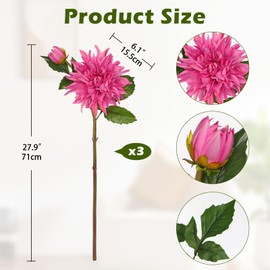 Artificial Dahlia Flowers – Set of 3 | 27.9" Tall Real-Touch Silk Dahlia Stems with Large 6.1" Blooms | Lifelike Deep Pink Faux Flowers for Home Decor, Wedding, Centerpieces & Floral Arrangements