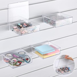 RattanView 4 Pack Clear Slatwall Bins with Lids, Square Plastic Bins Wall Mount Slatwall Storage Containers Slatwall Accessories for Organization Screws Jewelry for Craft Show Home Retail Store
