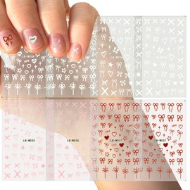 Heart Bow Nail Stickers, 8 Sheets Heart Bow Nail Decals, 3D Self-Adhesive DIY Nails Sticker Decals 3D Design Nails Decorations for Valentines Christmas