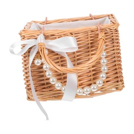 CHILDWEET Handwoven Wicker Flower Girl Basket with Pearl Chain Ribbon Bow Decorative Boho Basket for Weddings Home Decor and Special Occasions Versatile Small Bag for Flowers and Storage