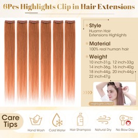 Rich Choices Clip in Hair Extensions Real Human Hair Colored Clip in Extensions Copper 6Pcs Straight Remy Hair Highlights Hair Extensions Clips (31g 10 Inch)
