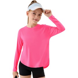 Haloumoning Girls Athletic Shirts Kids Long Sleeve Active Sports T Shirts Quick Dry Tunic Tops Basic Tees 5-14 Years Pink