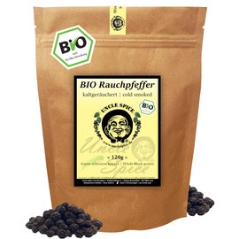 UNCLE SPICE® BIO Rauchpfeffer schwarz - Geräucherter Pfeffer 120g –ganze Körner – Premium BBQ Gewürz, Grillpfeffer, Pfeffer aus ÖKO-Anbau – Ideal für Fleisch, Fisch, Gemüse & Marinaden, DE-ÖKO-005